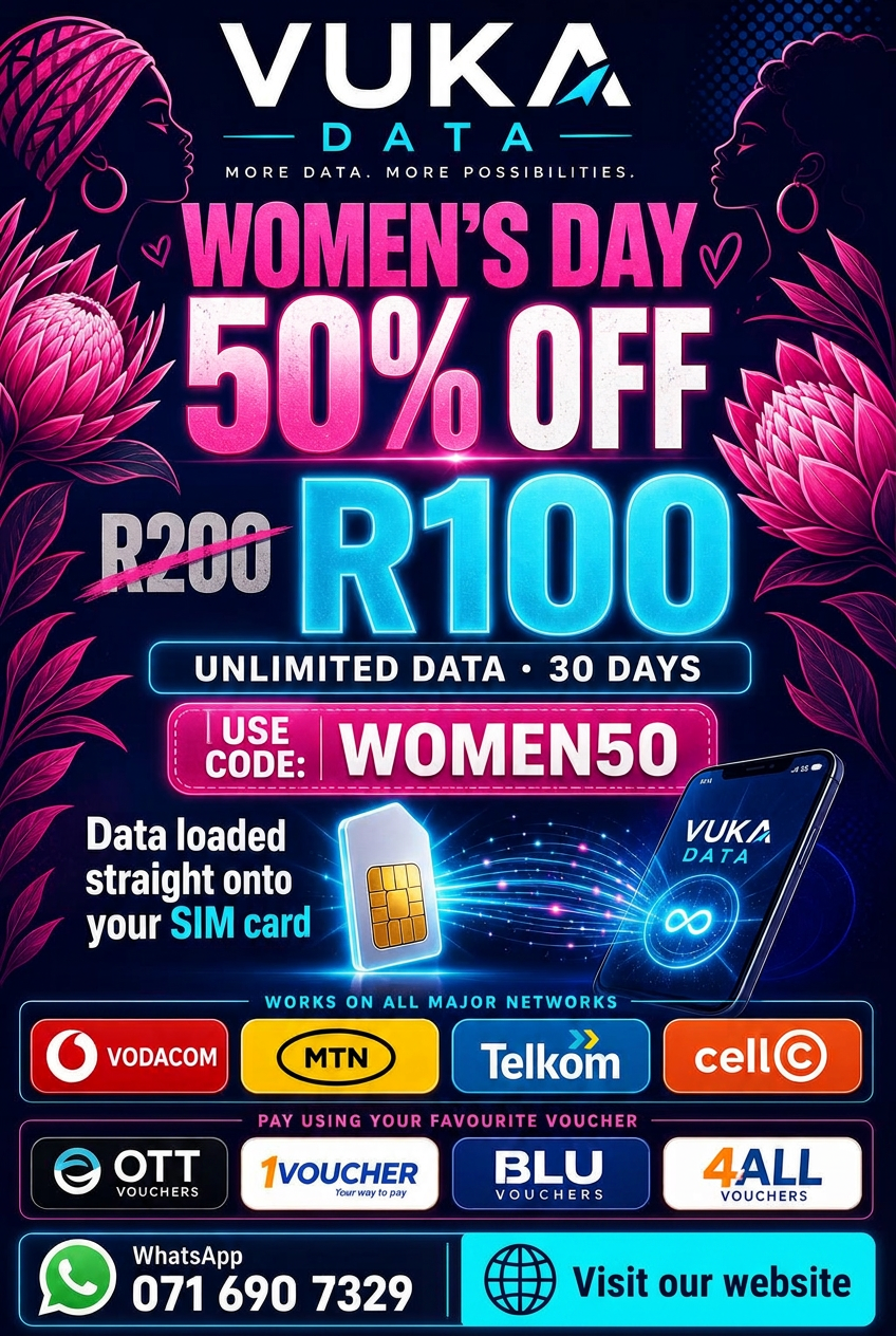 Vuka Data Women's Day special: 50% off Unlimited data for R100 with code WOMEN50